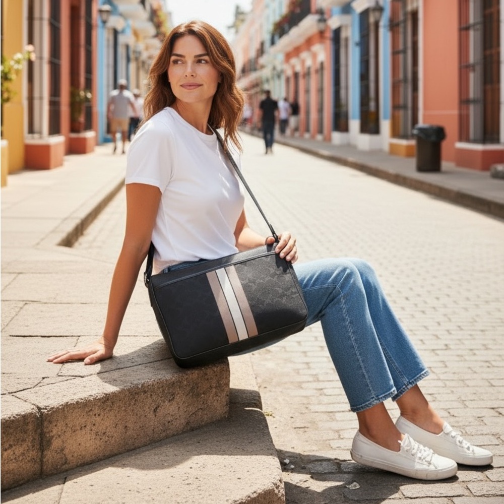 Coach Thompson Signature Stripe Messenger Crossbody Bag | Black Leather Canvas - Picture 6 of 16